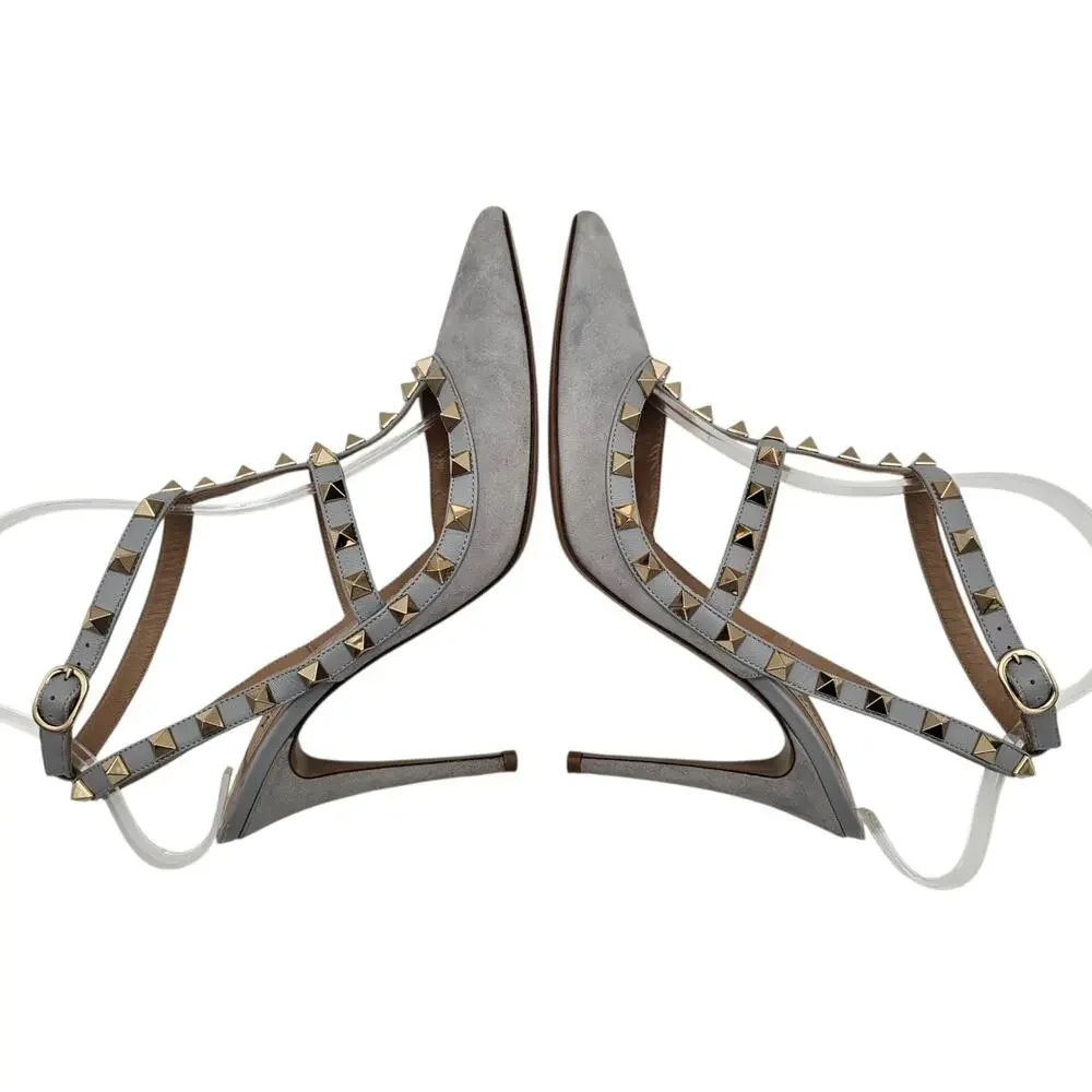Valentino Garavani Rockstud Cage Heel Pump T Strap Gray Suede Gold Size 38 US 8